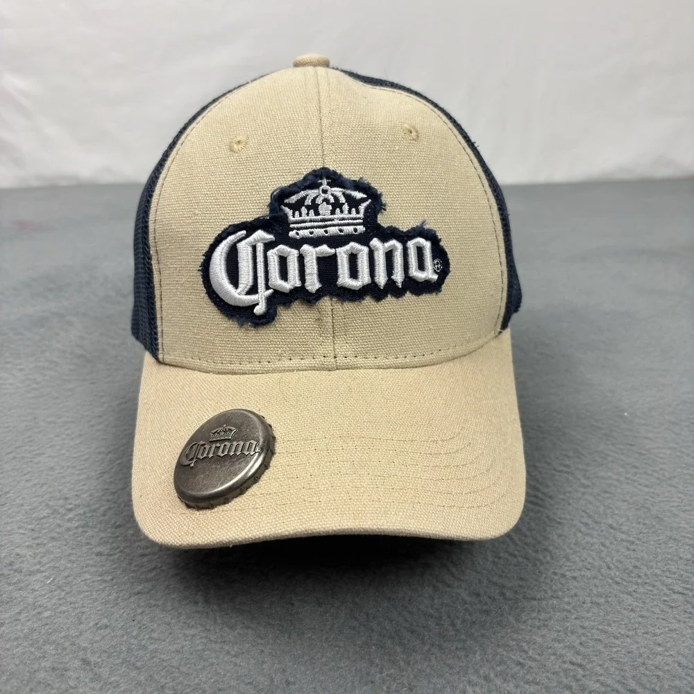 Corona Beer Stylish Hat Tan Navy Mesh Snapback Cap Metal Logo Bottle Opener OSFM